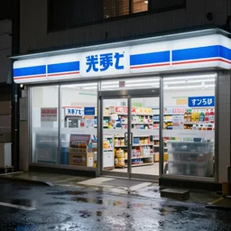 photo of a japanese convenience store at night in the rain on side of highway, rendered in octane, highly detailed, award winning