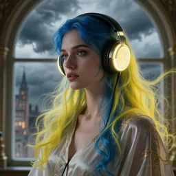 close up portrait, blue and yellow haired elegant model, female, wearing headphones, by greg rutkowski, in front of a window, storm clouds, fantasy city, glowing headphones, surreal light flowing in the air, ornate design, annie liebovitz, powerful zen composition, alphonse mucha, elegant cloth c