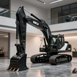 extremely beautiful softly lit interior photo of futuristic construction equipment, excavator, backhoe, black, polished metal, gleaming, black and white corporate decals, polished concrete floor, sharp focus, clear focus, beautiful, award winning photo, extremely beautiful lighting, cinematic, modern, render, architectural, architecture, realistic, clear