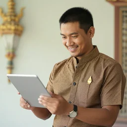 a photo of thai warlord think to write something on his tablet in his hand. he is smiling with his ideas