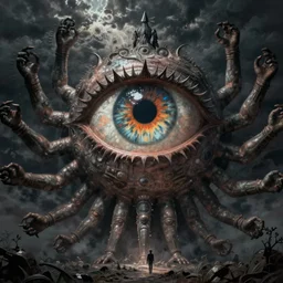 A giant menacing eye with many arms in the style of Beksinski