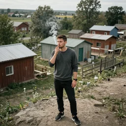 спортсмен курит за гаражами вид сверху