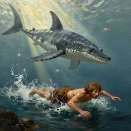 prehistoric caveman!!! swimming to escape plesiosaurus, atmospheric beautiful illustration, art by artgerm and greg rutkowski and alphonse mucha 8 k, hd