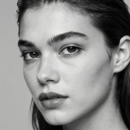 black and white vogue closeup portrait by herb ritts of a beautiful american model, bee stung lips, high contrast