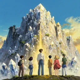 walter white enjoying the view of a majestic crystal cliff, high intricate details, rule of thirds, golden ratio, cinematic light, 8 k, octane render, anime style, graphic novel by fiona staples and dustin nguyen, art by beaststars and orange, peter elson, alan bean, studio ghibli, makoto shinkai
