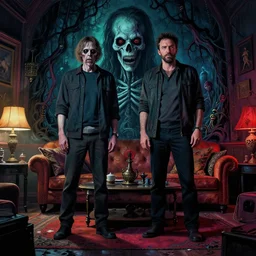 cinematic colorful horror artwork by artgerm, beksinski, mark brooks, stephen king ; real life full portrait of ben affleck and his wife dove cameron at living room ; ground level wide shot low angle ; night ominous scary, 8 k hdr, creepy intricate ; volumetric dramatic lighting, insanely detailed, haunting