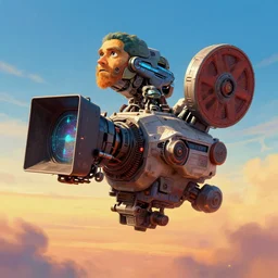 a gigantic digital movie camera shaped spaceship floating in the sky, maschinen krieger, ilm, beeple, star citizen halo, mass effect, transformers, elysium, warm saturated colours