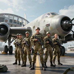 soldiers posing in front of an airplane, science fiction industrial hard science concept art, 8K render octane high definition cgsociety, photorealistic, unreal engine