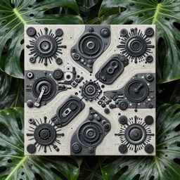 chaos pattern + technology + multi material + 8k, on top of tropic leaf background