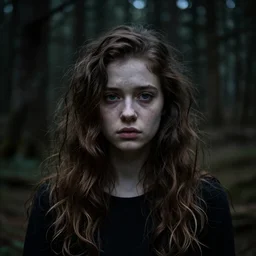 portrait of shy american teenage fantasy witch, grzegorz rutkowski, symmetry, deep dark forest, dramatic lighting, moody, directional lighting, awkward, intelligent, contemplative, frizzy brown hair, volumetric lighting, symmetrical face, pale scottish girl, nervous, art by alasdair gray, brown hair, sad blue eyes, trending on artstation