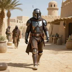 the mandalorian walking in the village of tatooine, 8 k uhd, unreal engine, octane render in the artstyle of finnian macmanus, john park and greg rutkowski
