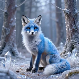 a fox with blue fur sitting in a forest made out of crystals