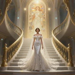 symmetry!! portrait bride, going down the stairs, futurism, sci - fi, glowing lights!! intricate, elegant, highly detailed, digital painting, artstation, concept art, smooth, sharp focus, illustration, art by artgerm and greg rutkowski and alphonse mucha, 8 k