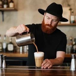 a bartender with a red beard, wearing a black hat and black tshirt, pours a latte behind a cocktail bar