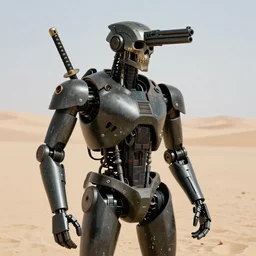 military android, combat robot, gun for a head, katana arms, military prototype, photography, skeletal face, journalism, dessert