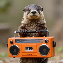 otter holding a orange boombox, 4 k, high octane, beautiful
