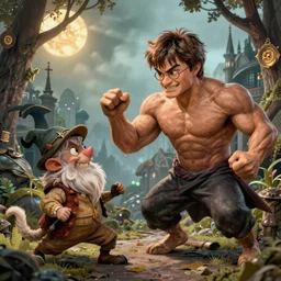 harry potter illustration of extremely muscular Dobby fighting a Gnome at Gringotts, hd 4k