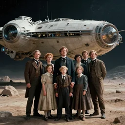 sharp, highly detailed, 435456k film, 1612800mm film still from a sci fi blockbuster color movie made in 2019, set in 1860, of a family standing in front of a spaceship that has just landed on an alien planet, the family are all wearing 1860s era clothes, cinema lighting, good photography, ultra high definition, in focus