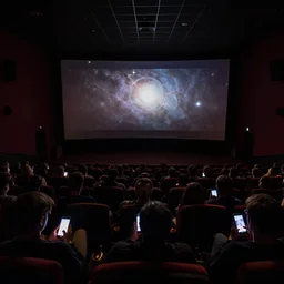 full movie theatre of people looking down at their phones. image taken at front of theatre looking towards the crowd. dark only light coming from the screen. audience illuminated