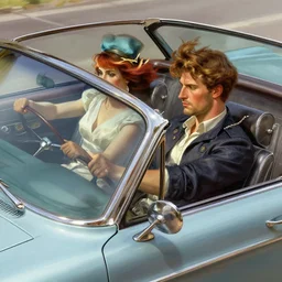 man and woman driving a 1 9 6 0 s ford mercury, top down, highly detailed, digital painting, artstation, concept art, smooth, sharp focus, illustration, art by artgerm and greg rutkowski and alphonse mucha