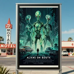 aliens on route 6 6 next to motel, movieposter