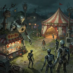 close - up of old cyborgs exploring small town cyperpunk amusement park, food stalls, big top circus tent, highly detailed, nightmare, highly detailed dystopian, japan, digital painting, concept art, matte, art by ruan jia and wlop and greg rutkowski and makoto shinkai, masterpiece