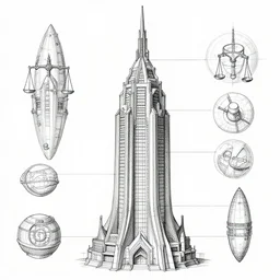 schematics of justice league tower in space,engineering design,ink painting