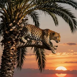 “ leopard on top of a palm tree, sunset in background ”
