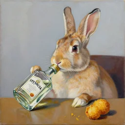 a painting of a rabbit drinking tequila and eating croquette in contemporary art style