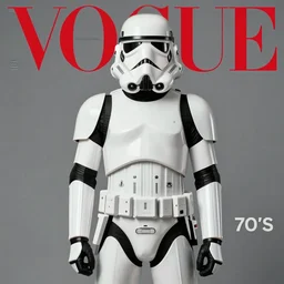 stormtrooper fashion in the 7 0's. studio photo. vogue magazine cover with text. highly detailed