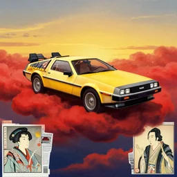 a yellow delorean in red clouds above, golden hour, art by salvador dali, hsiao - ron cheng & utagawa kunisada, magazine collage, colourful,