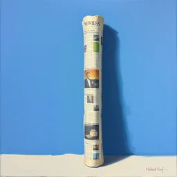 oil painting of a very thick roll of newspaper standing vertically against a blue background, impressionist artwork