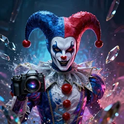 impressive ominous cinematic fine portrait photo of a court jester!! cyberpunk shattered crystal shard volumetric dynamic fluid simulation lighting impressive masterpiece hyper ultra detailed intricate sharp focus 8 k realistic illustration canon eos r 3 fujifilm x - t 3 0 sony alpha, by james gurney tooth wu artgerm colorful!!!, trending on artstation behance cgsociety stunning closeup macro