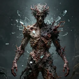 young man with glass pieces coming out of his body, majestic, organic, dark fantasy, rotten, sinister, macabre, crazy detailed and complex, super detailed, 8K, 4k,