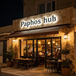 paphos hub, sign, cafe, night