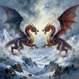 a vast oil painting of two storm dragons dueling above the snowy peaks, hyper realistic, vivid, highly detailed, many colors
