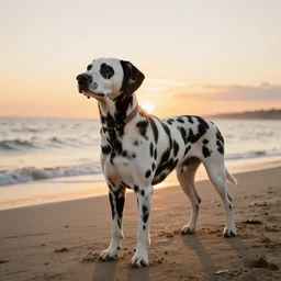 a dalmatian at the beach during sunset.