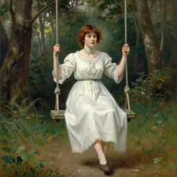 full body portrait of her sitting on swing in forest, highly detailed painting by gaston bussiere, craig mullins, j. c. leyendecker, 8 k, mid shot