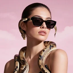 portrait, fashion model in sunglasses, snakes, pink cloudy background, hyper detailed, photo realistic, vouge style photo