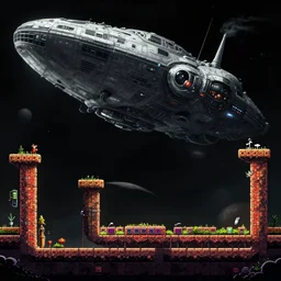 alien planet with big spaceship in the background gameplay still frame, platformer, retro, splash screen, level design, high contrast, background, deep focus, highly detailed, dramatic lighting, digital painting, artstation, concept art, matte, greg rutkowski, moebius, illustration.