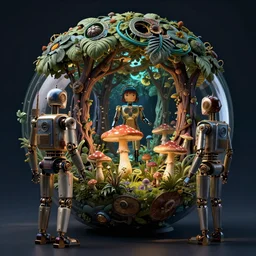 victorian robots and mushrooms growing in a spheroid forest, 3d render, nightlight Study, by Jan Davidsz de Heem and Lisa Frank, Art Nouveau, 8k, extreme detail, sharp focus, cinema 4d render