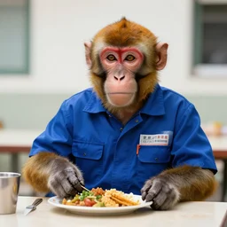 Monkey in work uniform taking a lunch break, ultra realistic, canon camera
