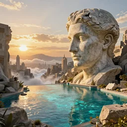 Esao Andrews, scifi landscape, hyperrealistic surrealism, award winning masterpiece with incredible details, epic stunning, infinity pool, a surreal vaporwave liminal space, highly detailed, trending on ArtStation, artgerm and greg rutkowski and alphonse mucha, daily deviation, IAMAG, broken giant marble head statue ruins, golden hour