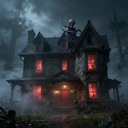 a photorealistic hyperrealistic, evil dead, house, fog, beautiful dynamic dramatic low - light moody lighting, cinematic atmosphere, artstation, concept design art, octane render, 8 k