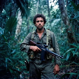 film still, long shot of drake in the jungle as a vietnam door gunner, apocalypse now, associated press,, 2 6 mm, kodak ektachrome, blue tint expired film