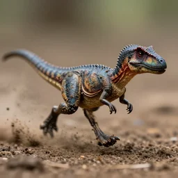 action photography, long shot, award winning macro photo of an ultra detailed intricate tiny muddy velociraptor running very fast on mud, dirt and dust, fast shutter speed, motion blur, tiny gaussian blur, highly detailed, highly intricate, depth of field, national geographic