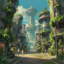 an optimistic futuristic city street with a pop cannabis motif, by studio ghibli