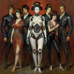 portrait full body geisha cyborg painting by gaston bussiere, greg rutkowski, yoji shinkawa, yoshitaka amano, tsutomu nihei, donato giancola, tim hildebrandt, oil on canvas, trending on artstation, featured on pixiv, cinematic composition, extreme detail