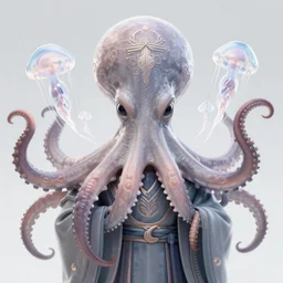 high ranked mage with big octopus head and a lot of translucent jellyfishes floating around inside an ancient mage castle hall colossal scale, gothic and baroque, brutalist architecture, ultradetailed, Intricate by Ellen Jewett and Josan Gonzalez and Giuseppe Arcimboldo
