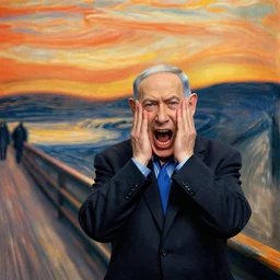 portrait of benjamin netanyahu screaming on a bridge, hands on face, sunset, by edvard munch